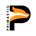 Primastic logo featuring sleek black letter P integrated with dynamic orange fox head profile sharp white accents and flowing tail elements symbolizing agility innovation cunning business strategy and premium brand identity